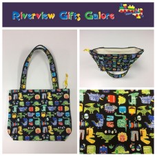 Medium Tote Bag with Zip- Dinosaurs Black